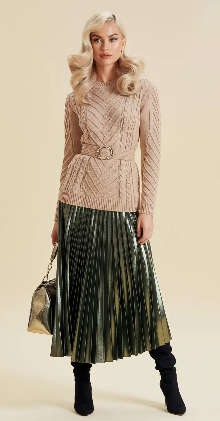 Trendy fall outfits with skirts 2025 Metallic Pleats & Nude Cables