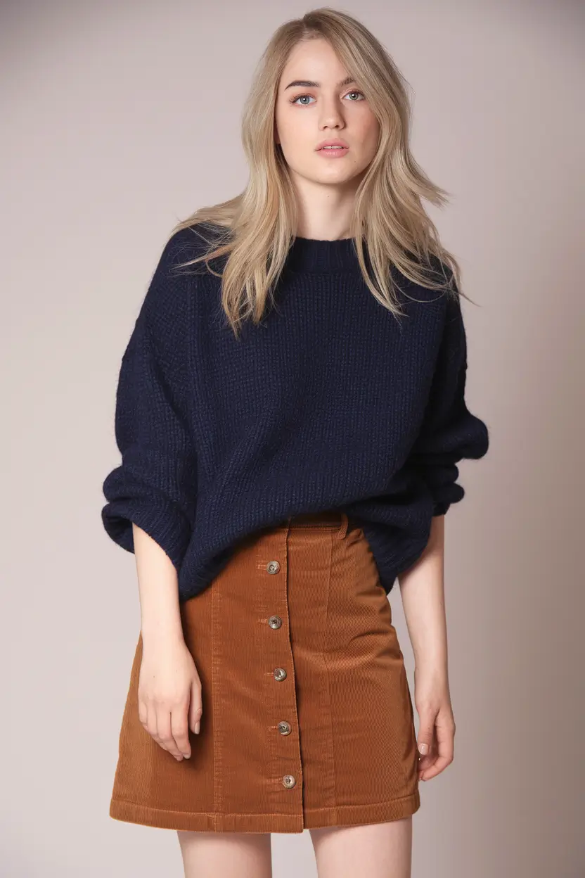 Trendy fall outfits with skirts 2025 Midnight Navy & Corduroy Spice