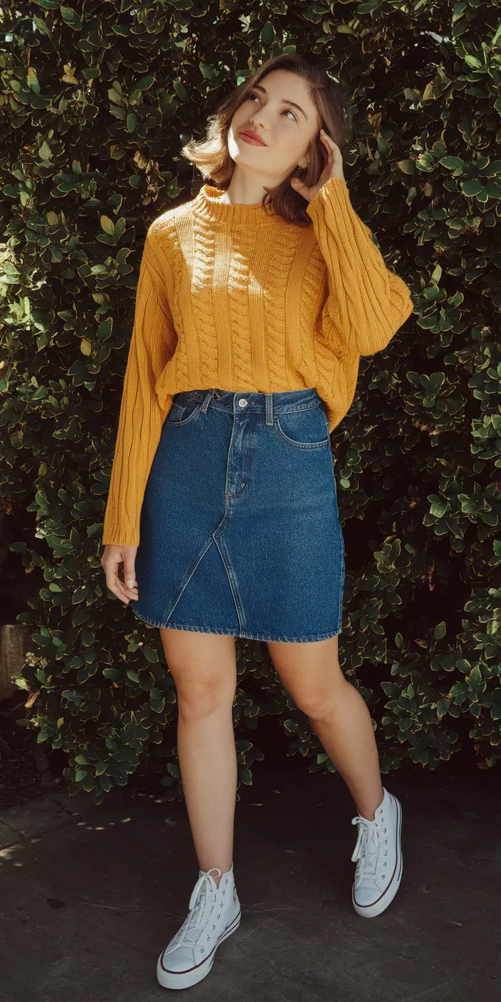 Trendy fall outfits with skirts 2025 Mustard Cable & Denim Ease