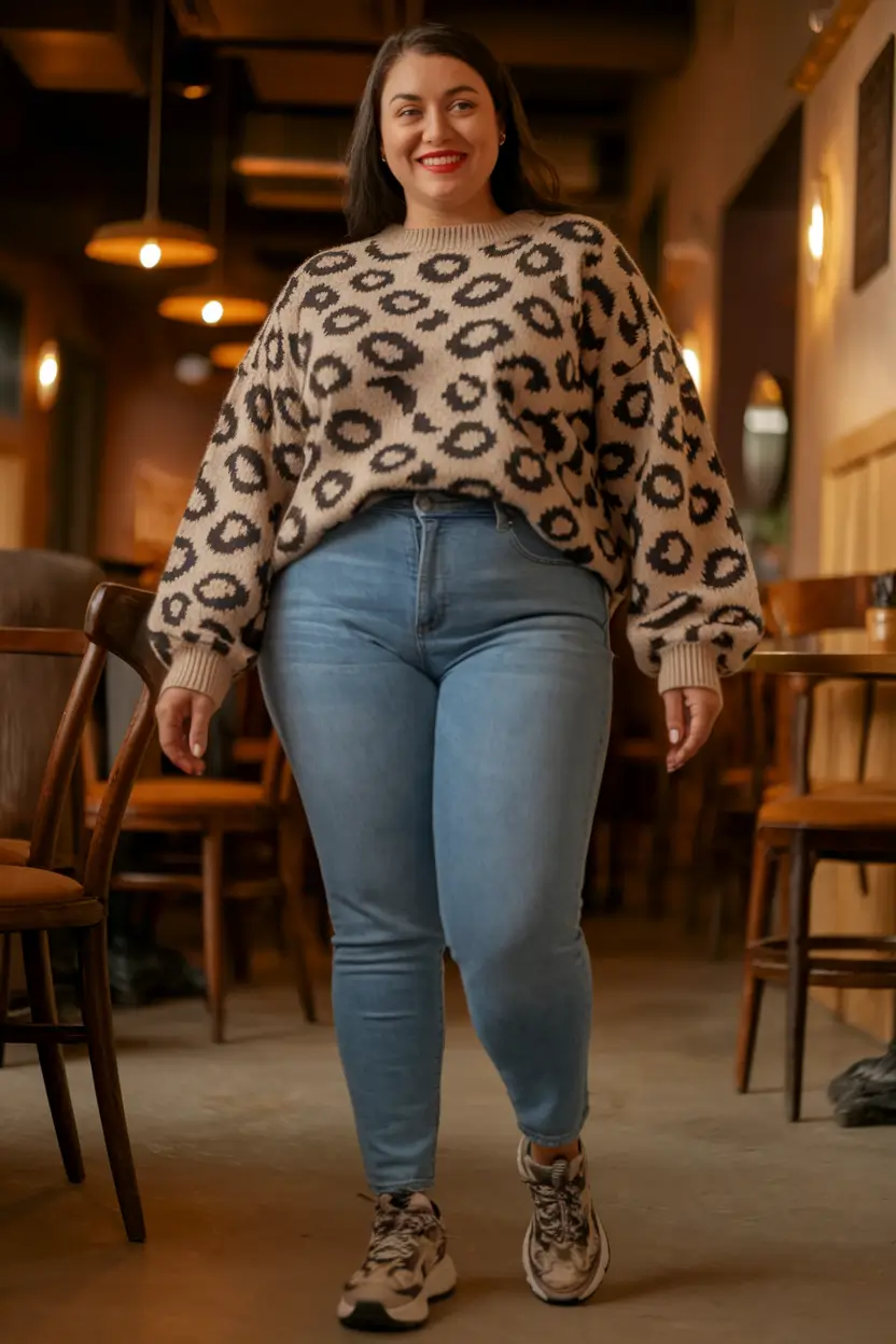 Trendy Plus Size Fall outfits for 2025 Leopard and Denim: A Fall Classic with Personality
