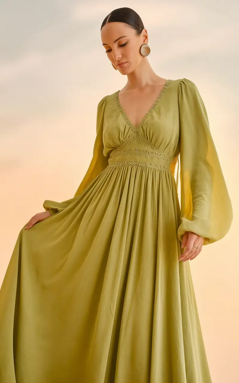 What to Wear as a Wedding Guest This Fall 2025 Bohemian Light in Sage Silk