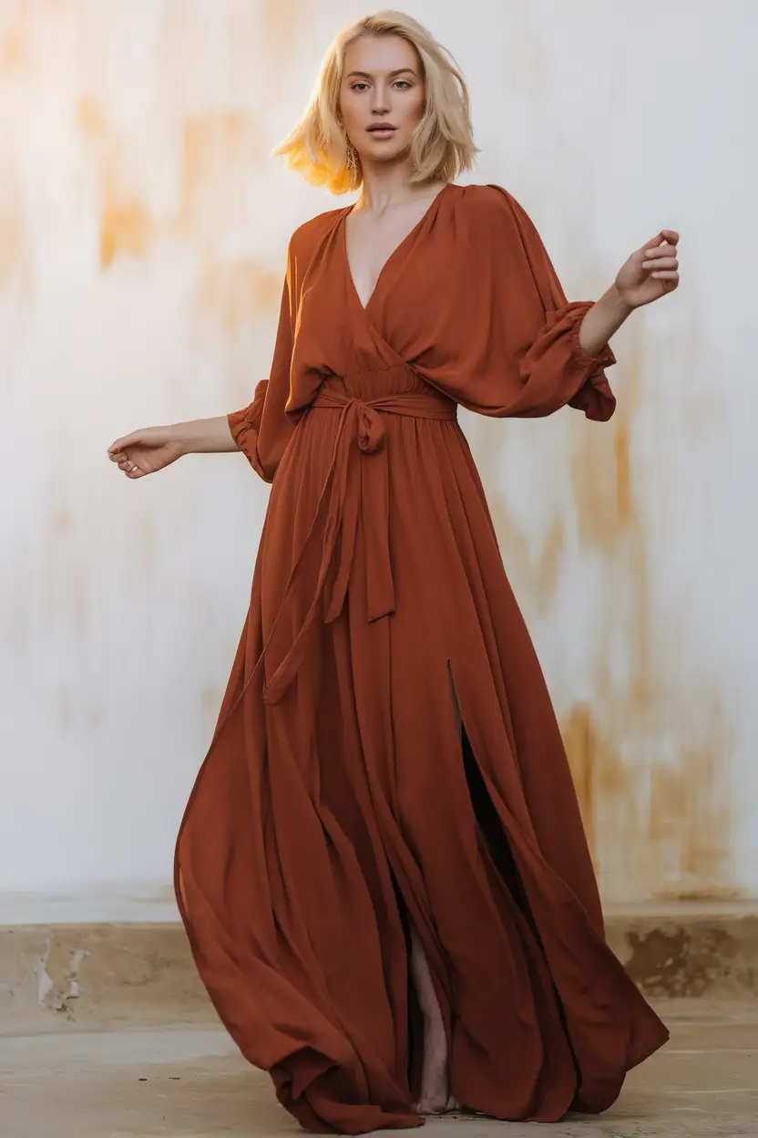 What to Wear as a Wedding Guest This Fall 2025 Rust Maxi for Sunset Ceremonies
