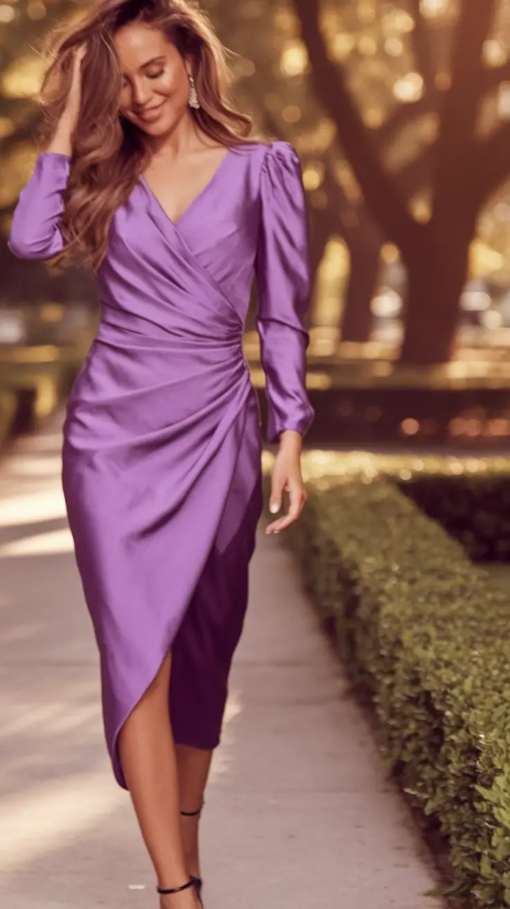 What to Wear as a Wedding Guest This Fall 2025 Purple Power in a Wrap Silhouette