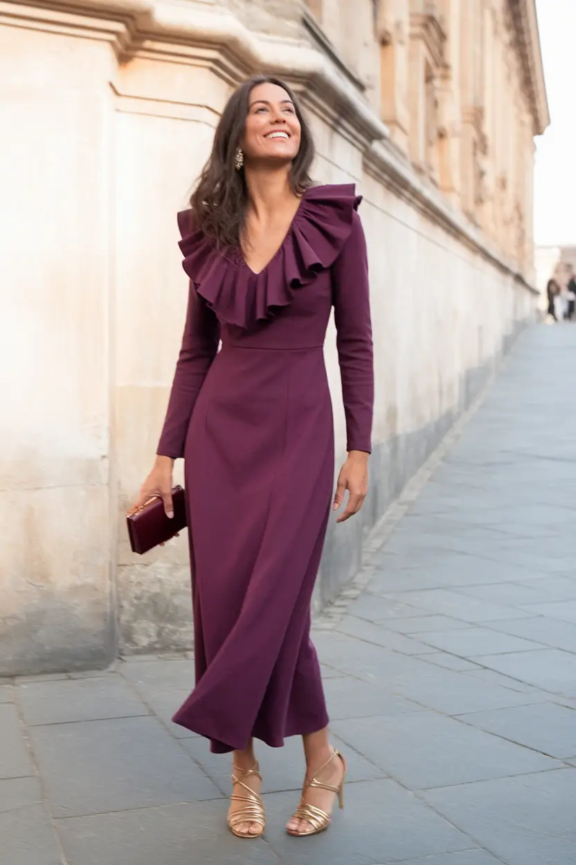 What to Wear as a Wedding Guest This Fall 2025 Ruffled Plum for City Soirées