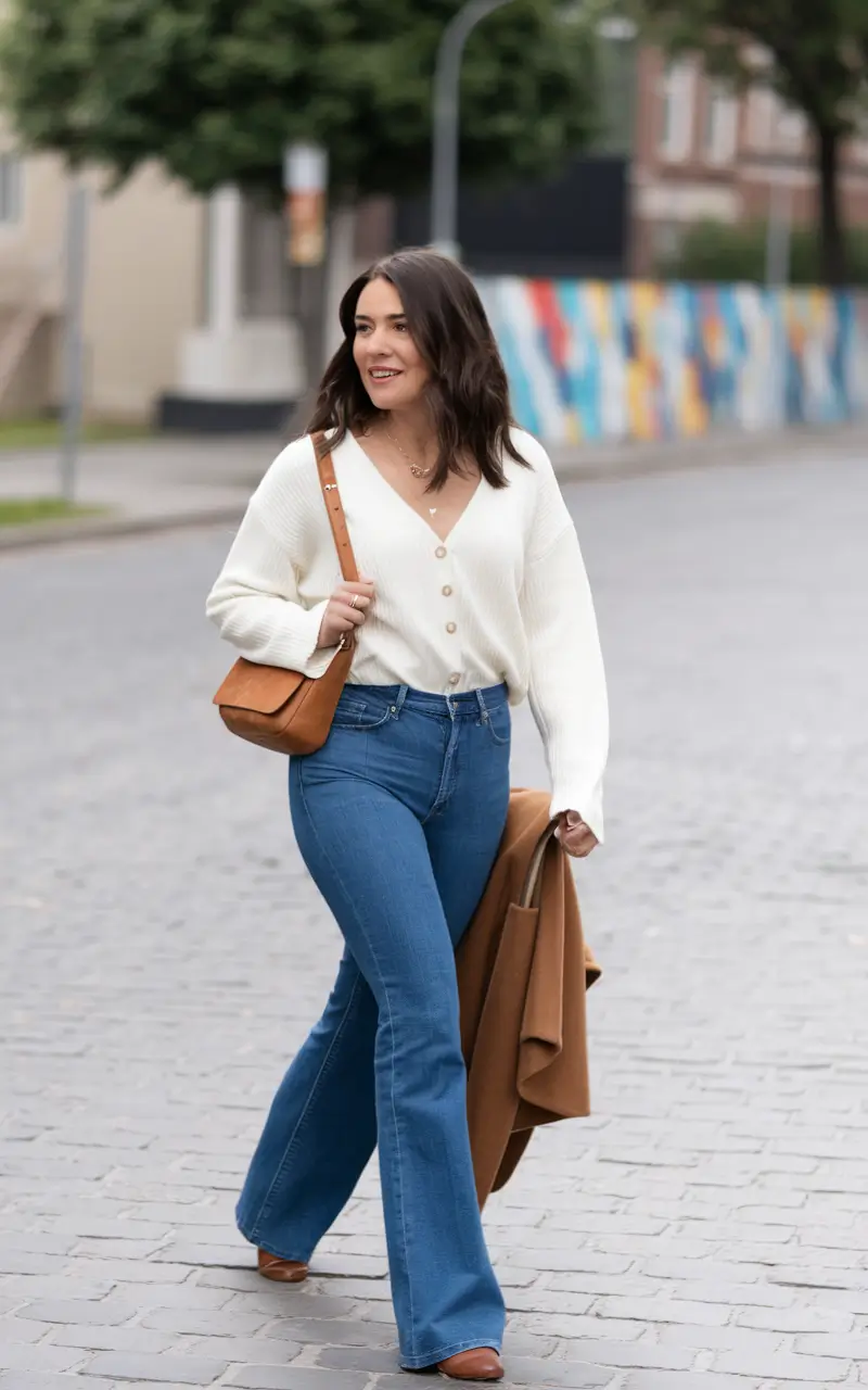 2025 Everyday Fall outfits for women Cream Knit & Flared Denim Revival