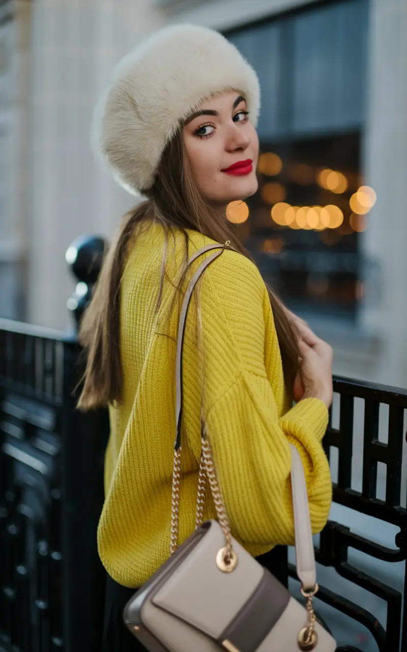 2025 Everyday Fall outfits for women Yellow Knit & Faux Fur: Cozy with a Wink