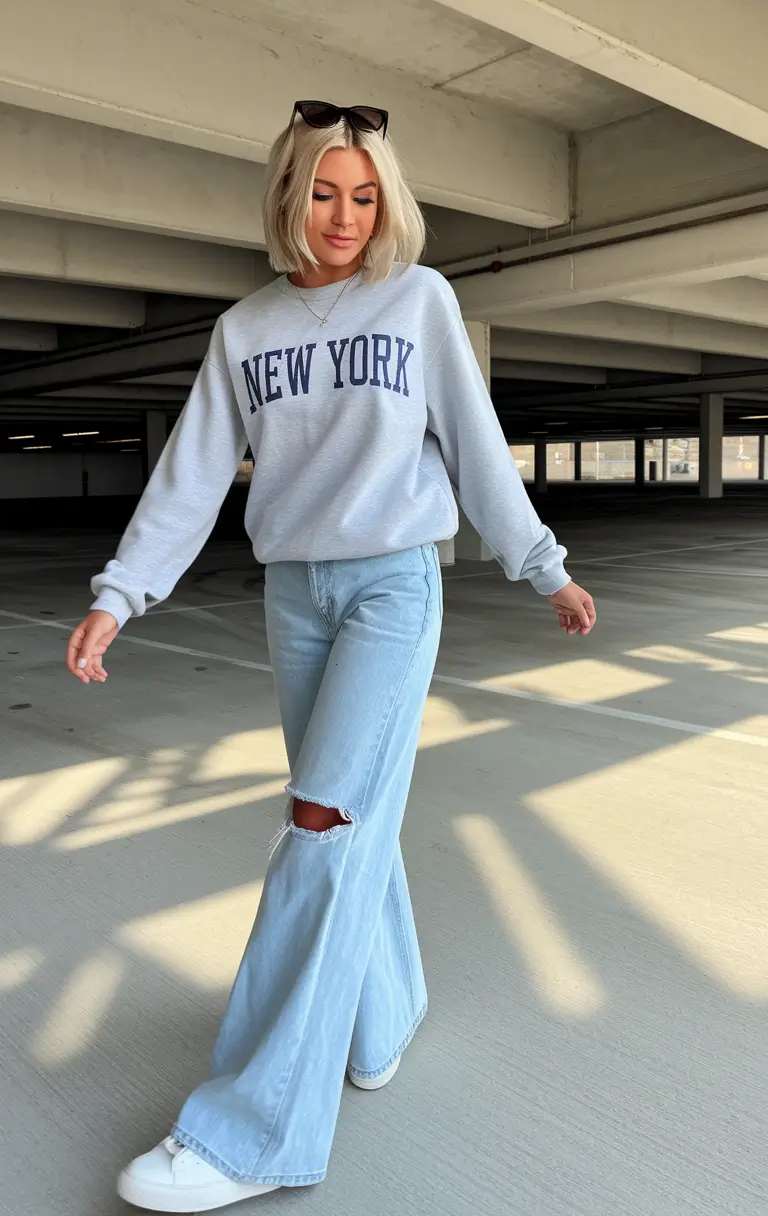 2025 Everyday Fall outfits for women City Sweatshirt & Ripped Flares