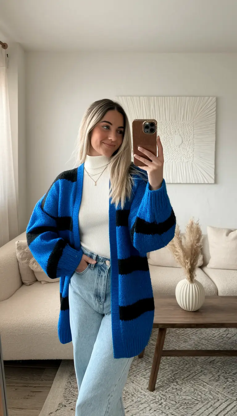 2025 Everyday Fall outfits for women Electric Blue Stripes Meet Cozy Cream