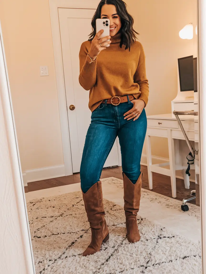 2025 Everyday Fall outfits for women Golden Turtleneck & Western Knee Boots