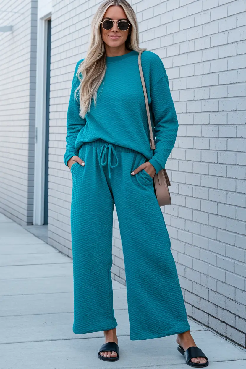 2025 Everyday Fall outfits for women Teal Textured Lounge Set