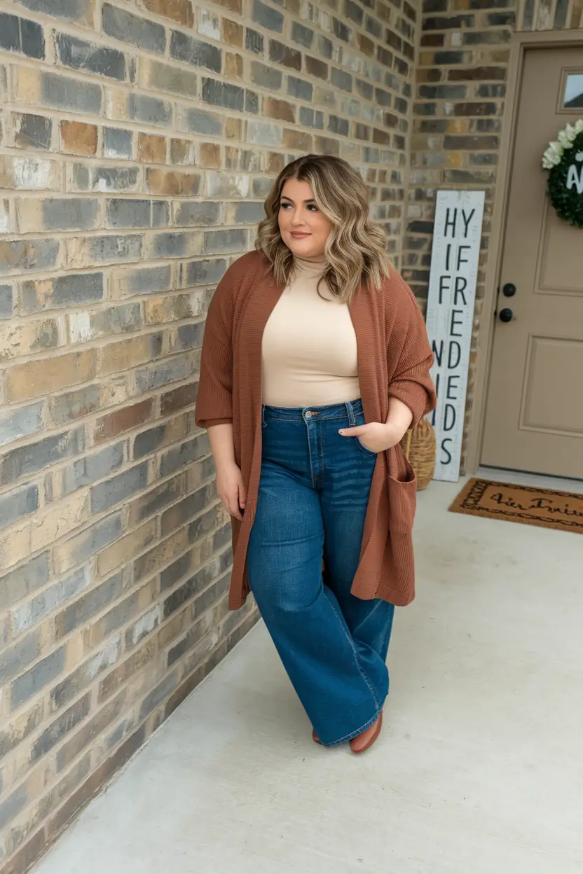 2025 Fall outfits for Plus & Curvy Figures Effortless Fall Casual in Caramel & Denim