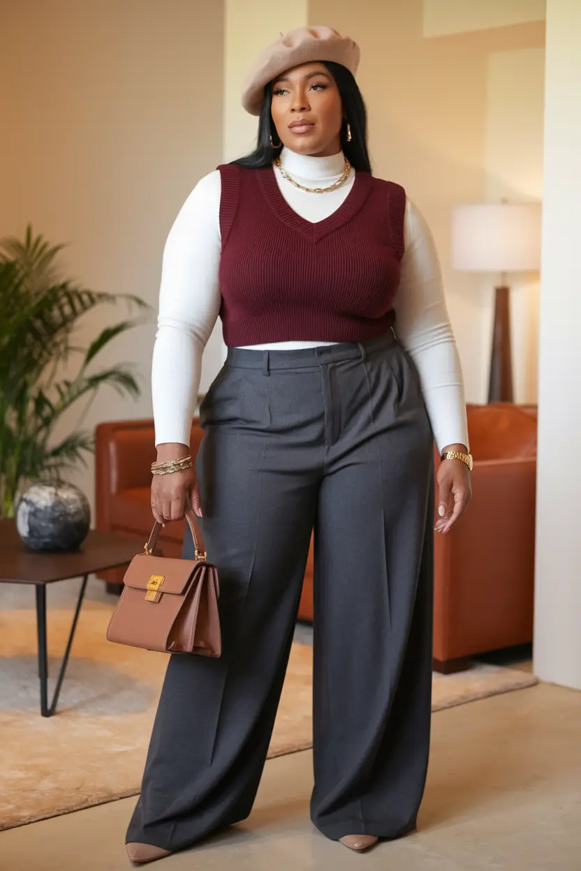 2025 Fall outfits for Plus & Curvy Figures Parisian-Prep Vest & Trousers Ensemble