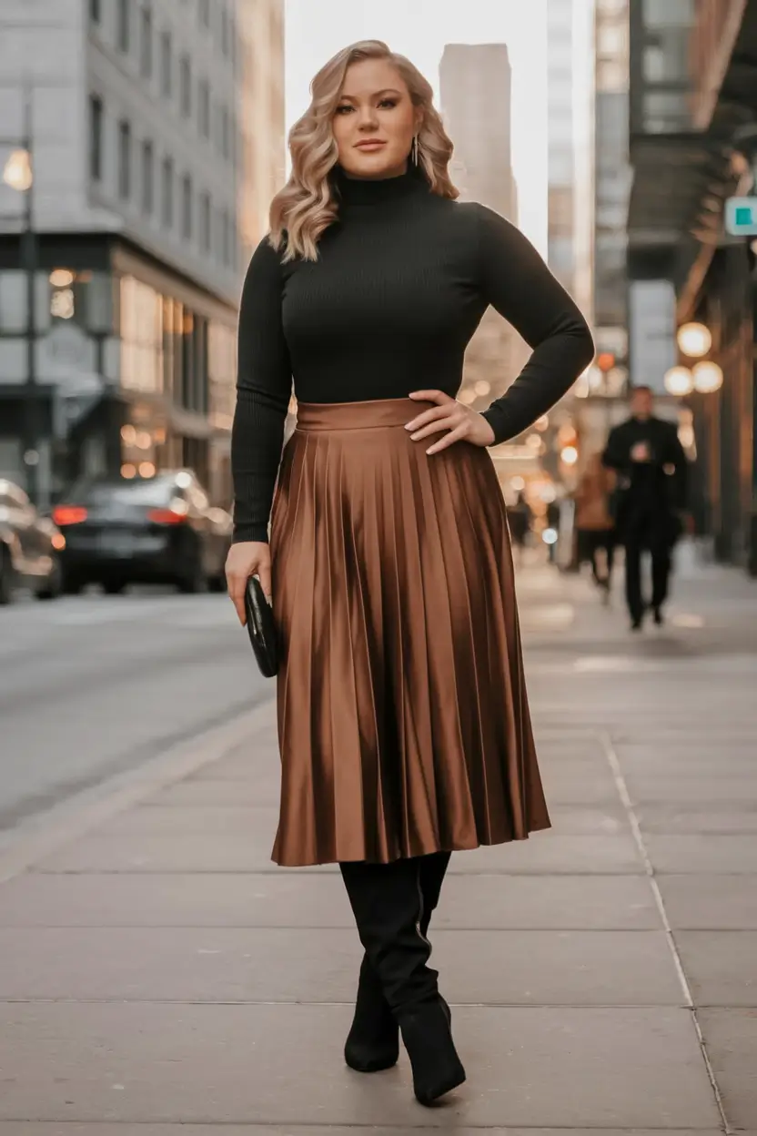 2025 Fall outfits for Plus & Curvy Figures Bronze Pleats & Black-Turtleneck Elegance