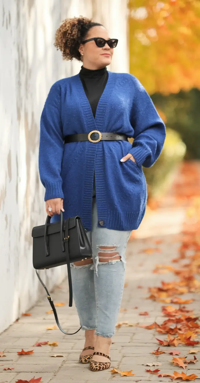 2025 Fall outfits for Plus & Curvy Figures Cobalt Cardi & Ripped-Denim Realness
