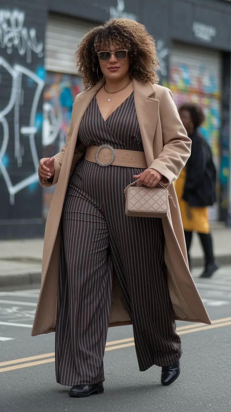 2025 Fall outfits for Plus & Curvy Figures Pinstripe Jumpsuit Under a Camel Coat