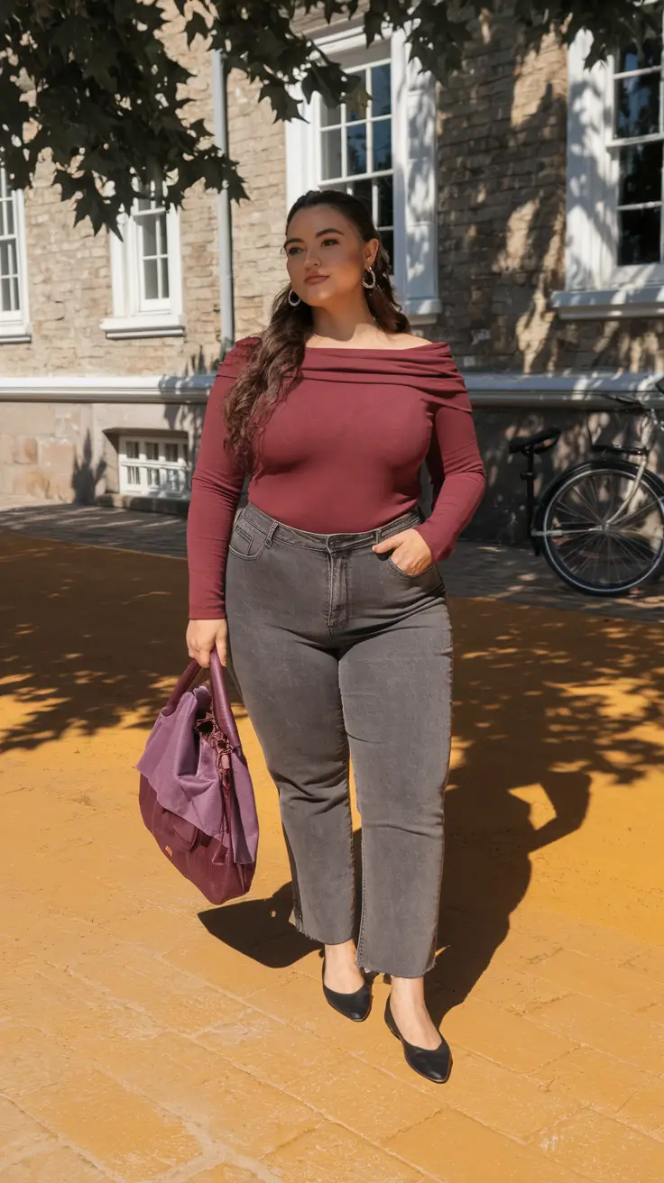 2025 Fall outfits for Plus & Curvy Figures Sultry Off-Shoulder & Charcoal Denim Confidence