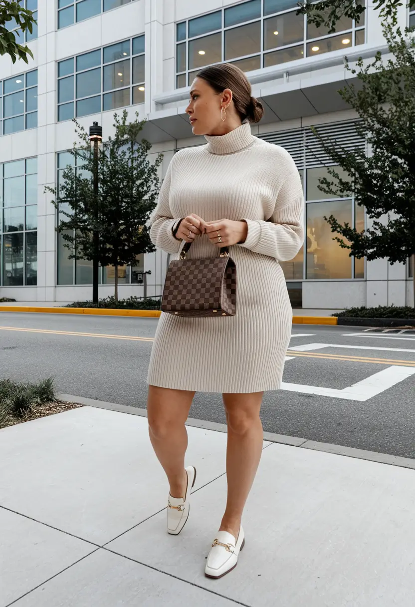 2025 Fall outfits for Plus & Curvy Figures Cream Sweater-Dress Minimalism