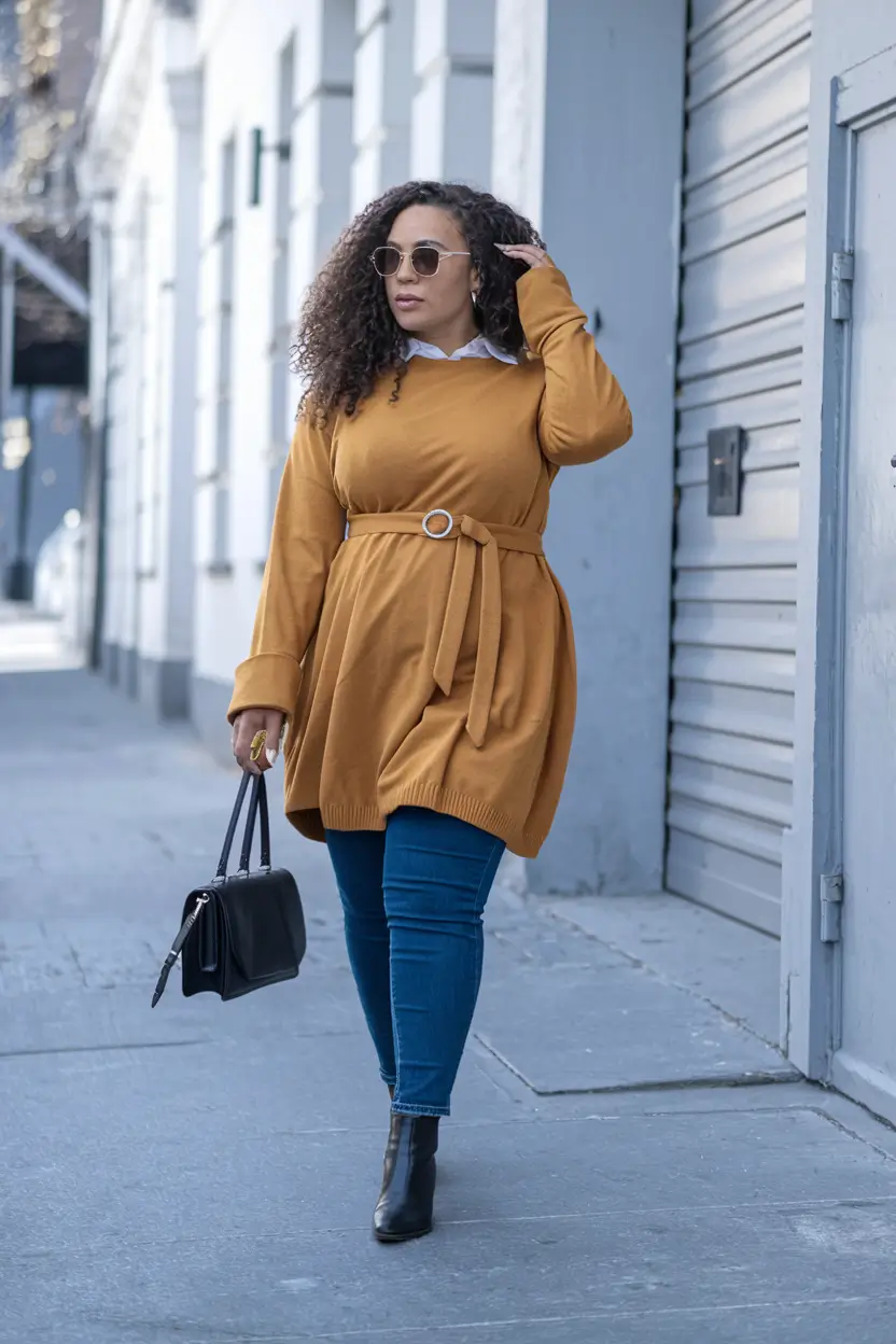 2025 Fall outfits for Plus & Curvy Figures Mustard Tunic & Skinny-Jean Energy
