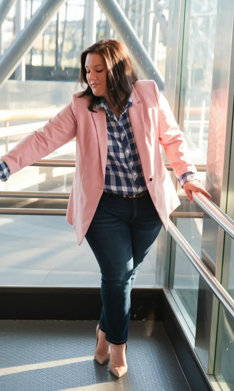 2025 Fall outfits for Plus & Curvy Figures Pink Blazer & Plaid Smart-Casual Remix
