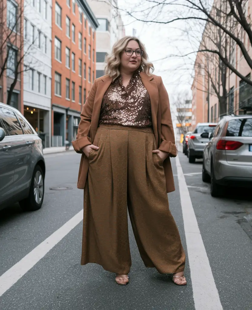 2025 Fall outfits for Plus & Curvy Figures Bronzed Power Suit with After-Dark Sparkle
