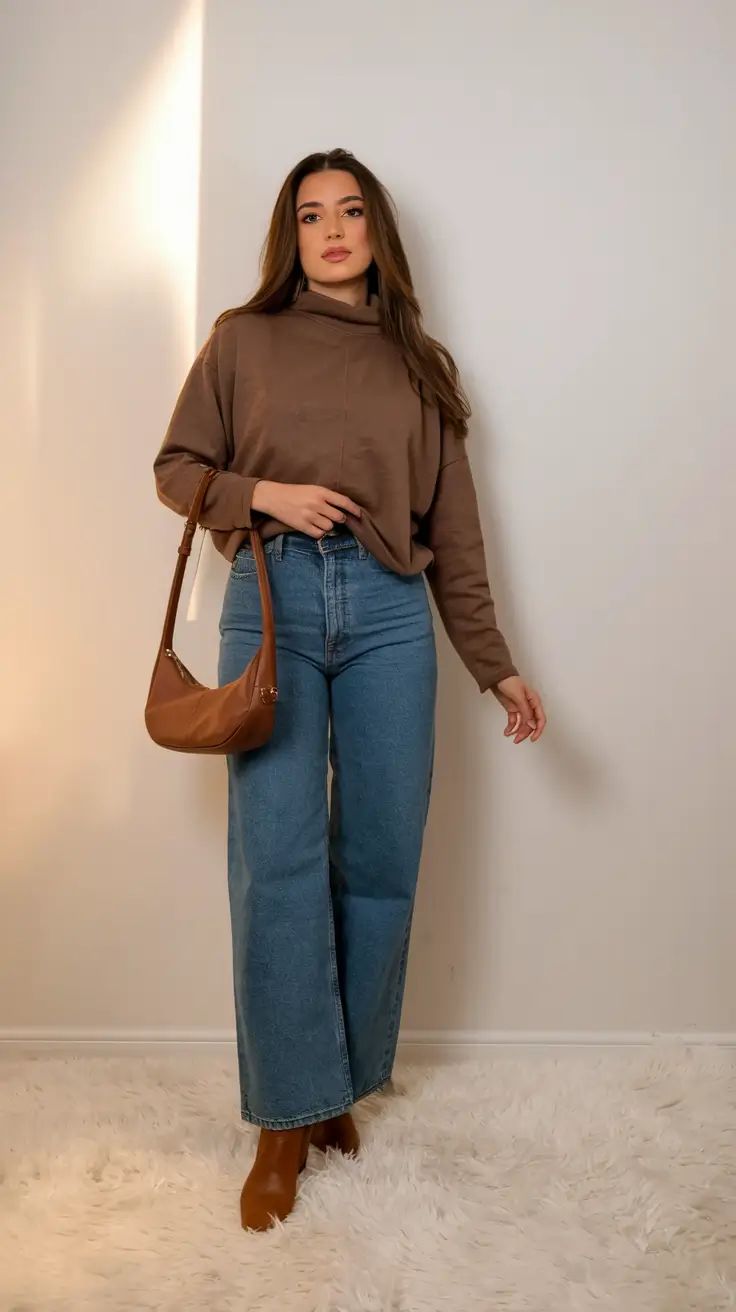 2025 Fall-Winter Fashion: Cold Weather outfits Ideas Wide-Leg Denim and Coffee-Toned Knits