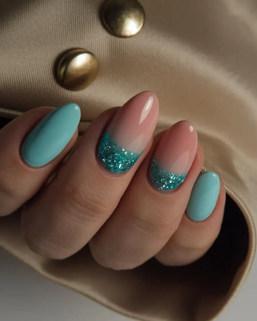 August nails design - summer trends for 2025 Turquoise Glitter Dip