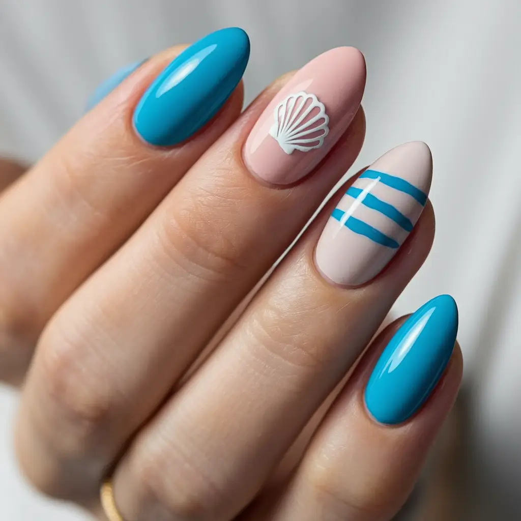 August nails design - summer trends for 2025 Coastal Stripes & Seashells