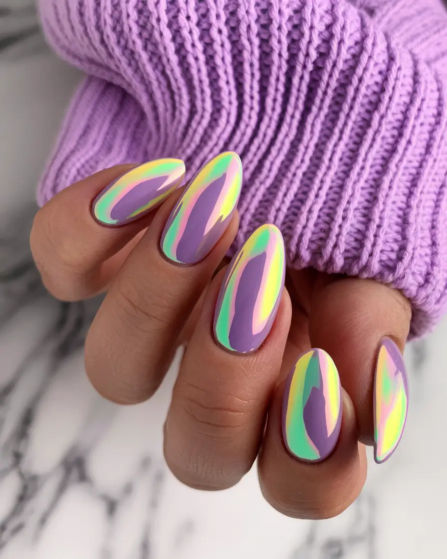August nails design - summer trends for 2025 Holographic Pastel Swirl