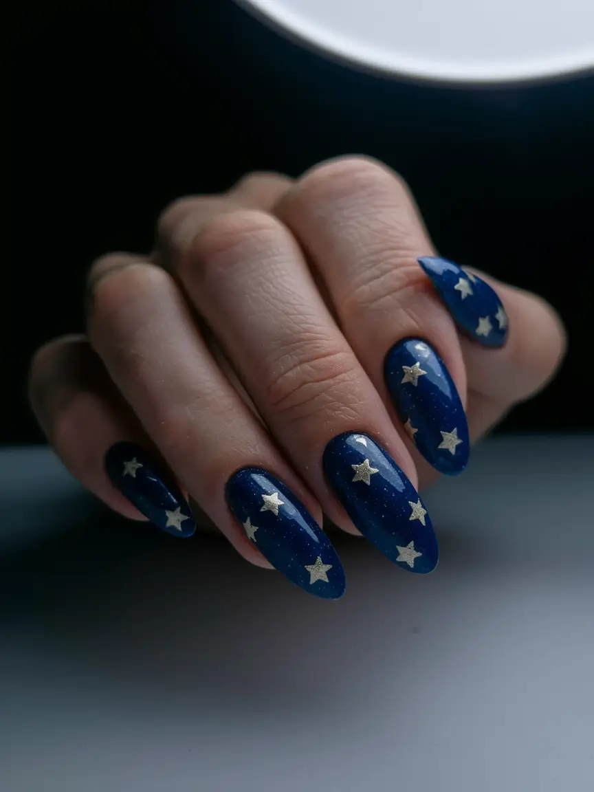 August nails design - summer trends for 2025 Midnight Starry Almond Dreams
