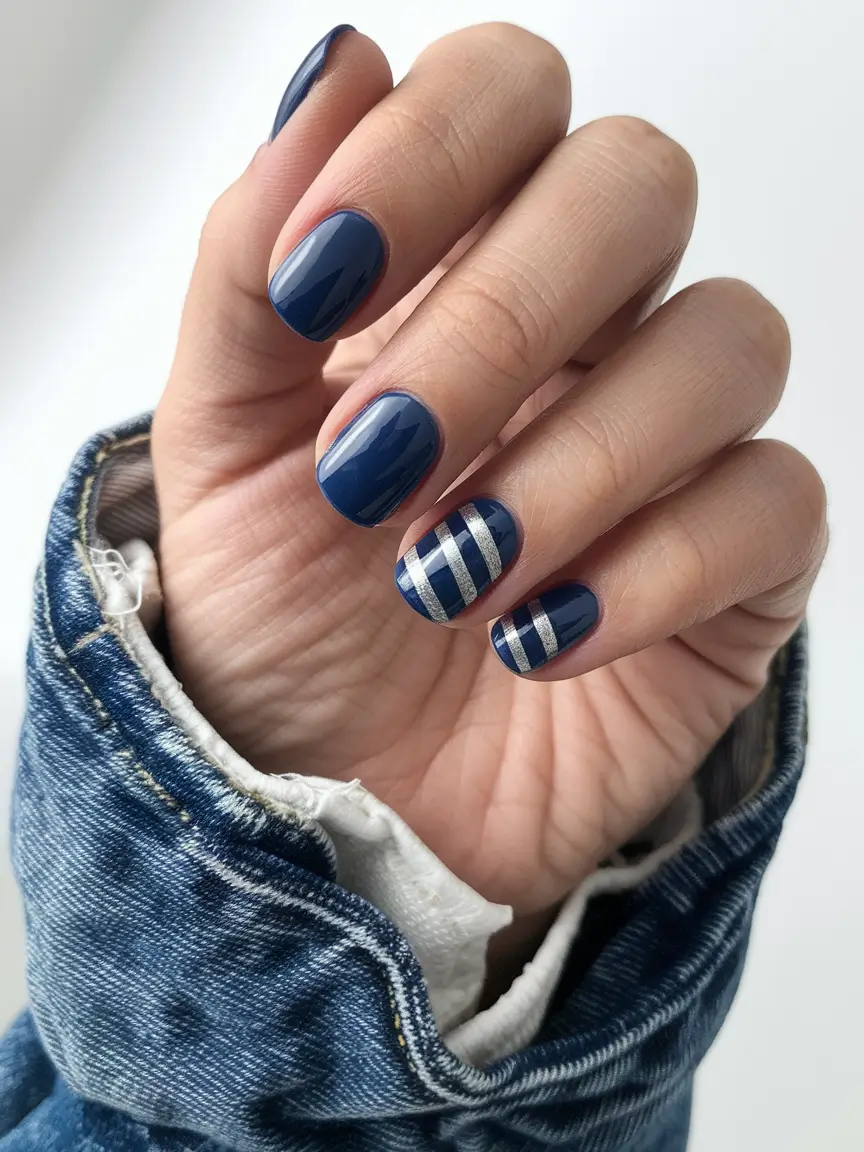 August nails design - summer trends for 2025 Denim-Stripe Nautical Rounds