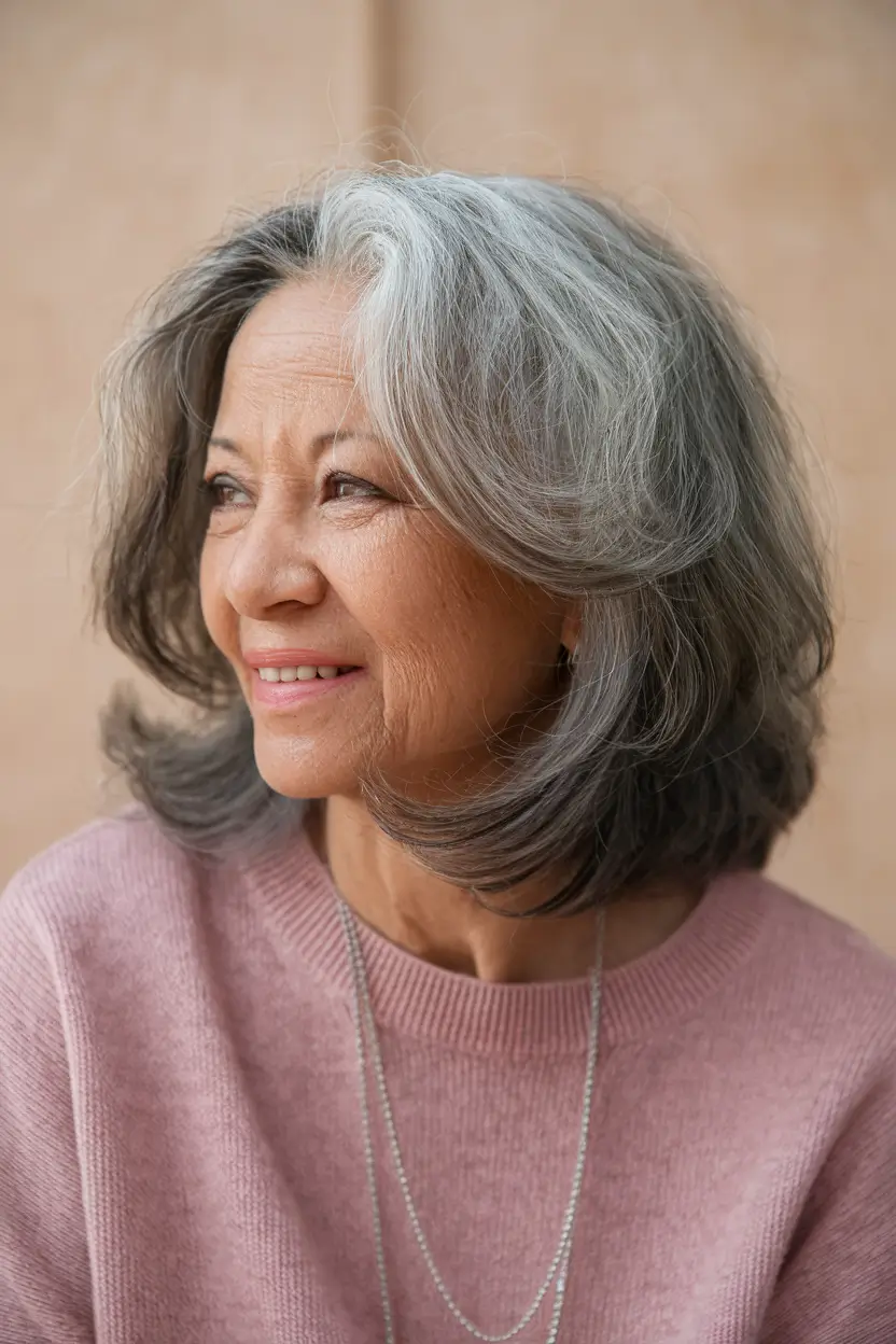 Beautiful Fall 2025 hairstyles for Women 50+ Feathered Gray Bob with Airy Movement