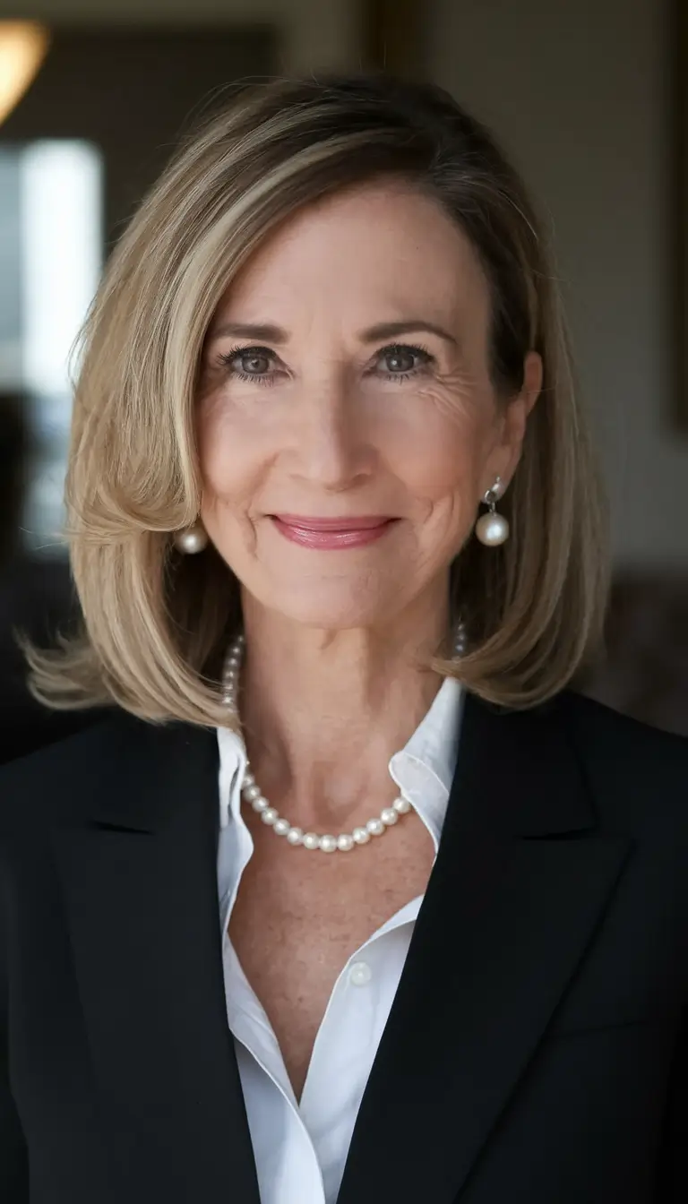 Beautiful Fall 2025 hairstyles for Women 50+ Side-Swept Polished Bob with Pearl Accents