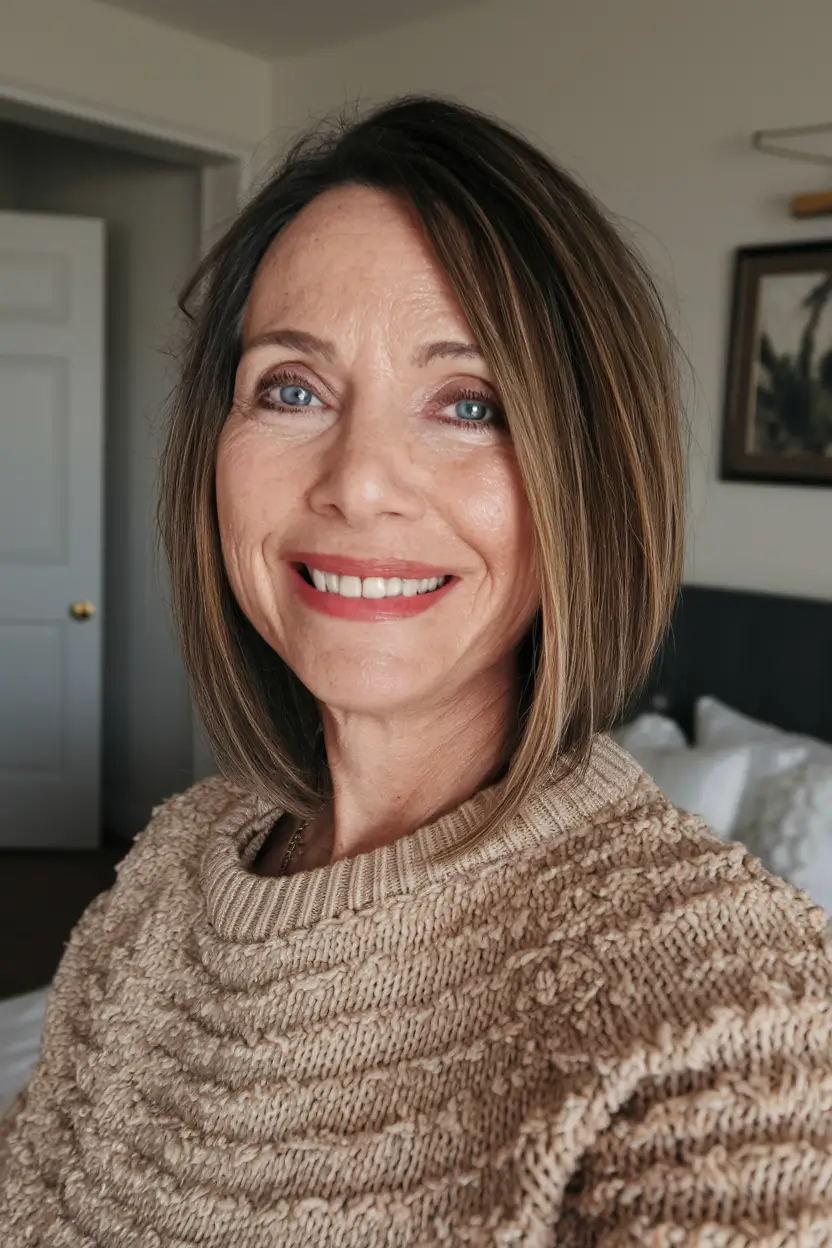 Beautiful Fall 2025 hairstyles for Women 50+ Warm Chestnut Angled Bob for Everyday Chic