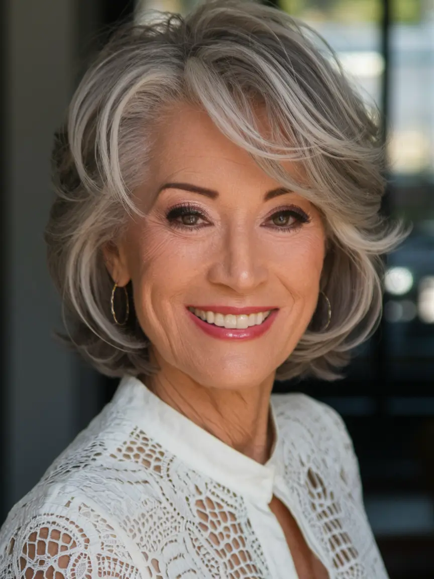 Beautiful Fall 2025 hairstyles for Women 50+ Layered Silver Shag with Playful Bounce