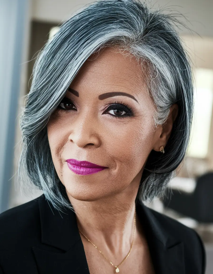 Beautiful Fall 2025 hairstyles for Women 50+ Modern Silver Long Bob with Side Sweep