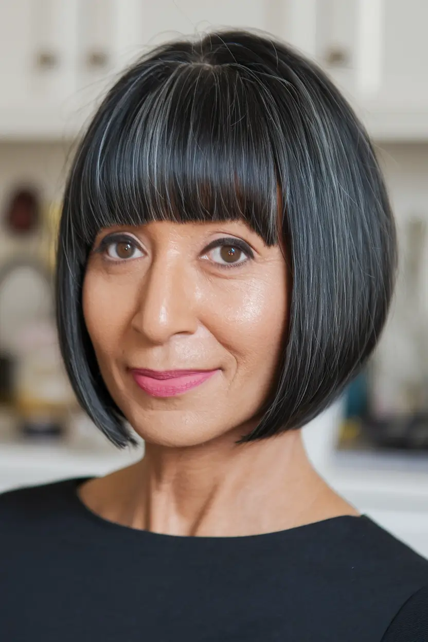 Beautiful Fall 2025 hairstyles for Women 50+ Sleek Chin-Length Bob with Blunt Bangs