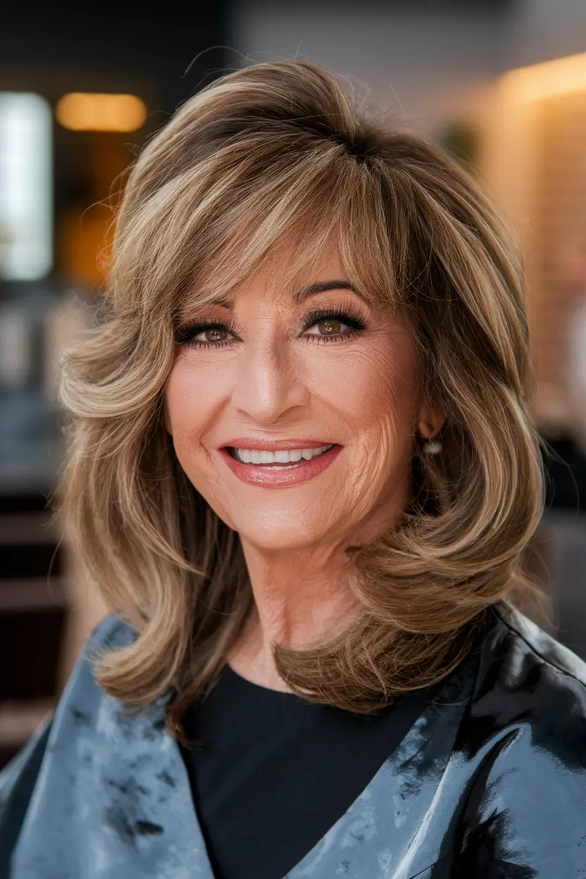 Beautiful Fall 2025 hairstyles for Women 50+ Layered Voluminous Cut with Side Bangs