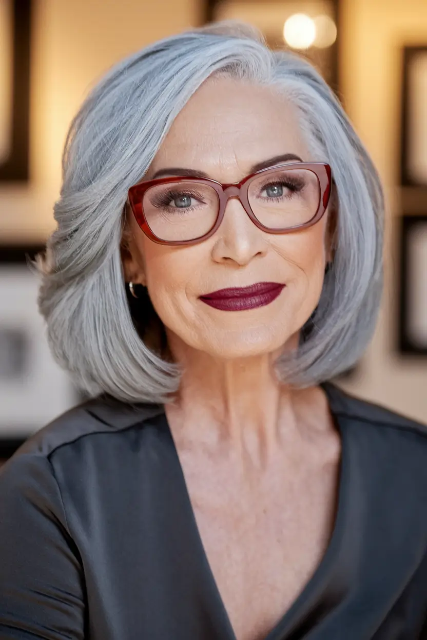 Beautiful Fall 2025 hairstyles for Women 50+ Polished Silver Bob with Side Volume