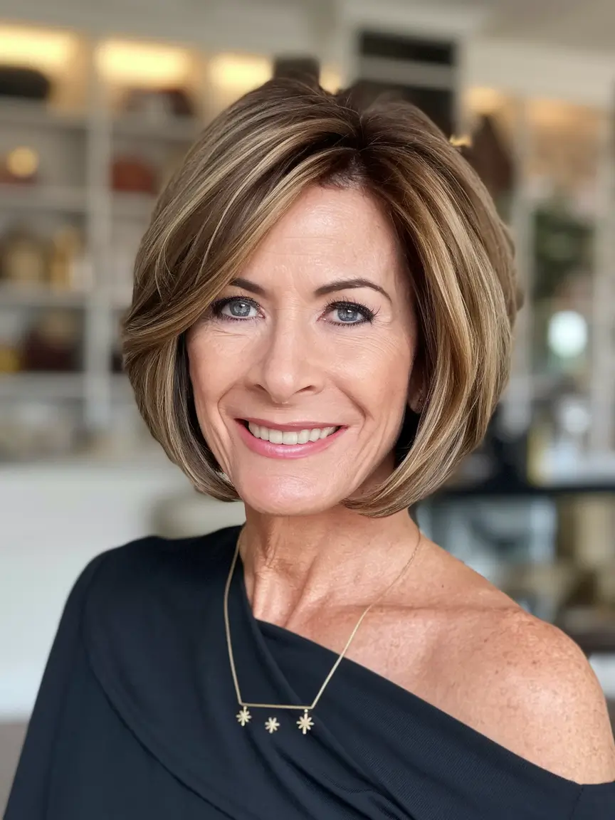 Beautiful Fall 2025 hairstyles for Women 50+ Dimensional Highlighted Bob with Gentle Layers