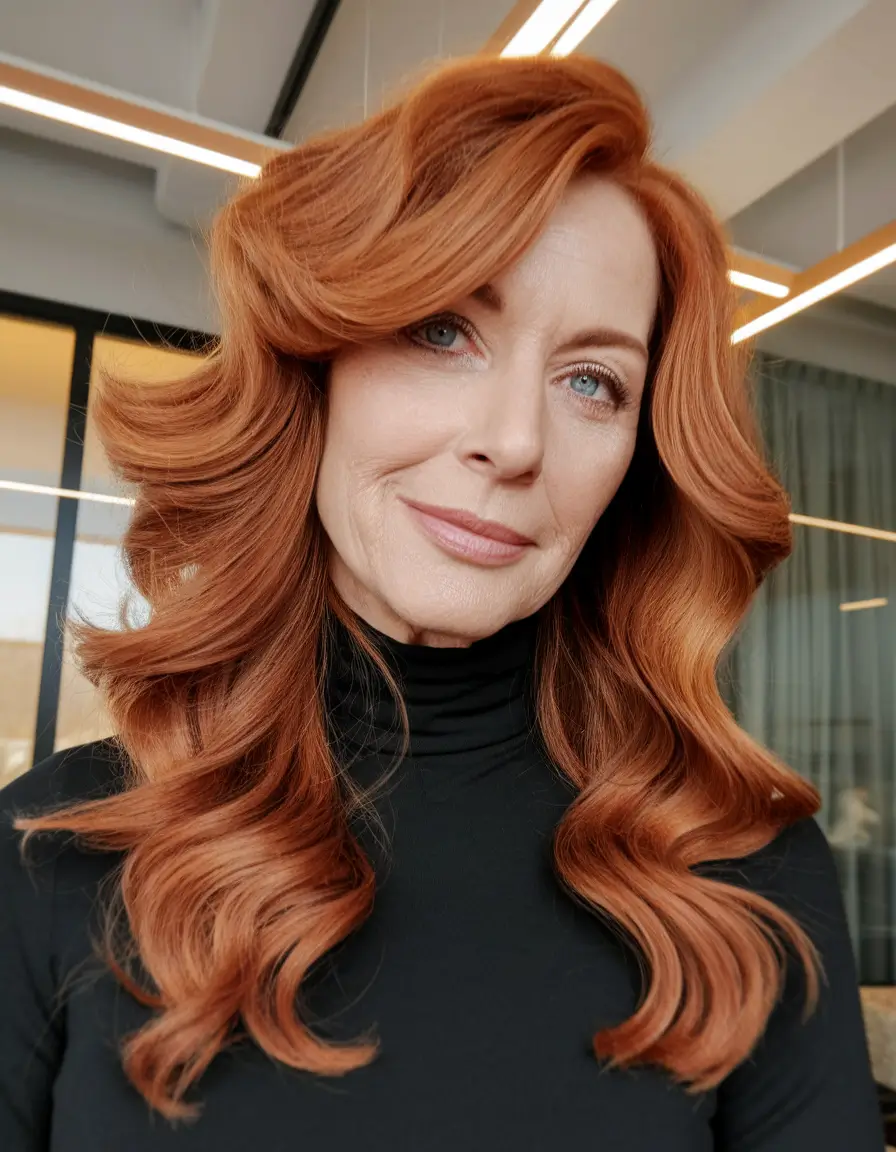 Best Fall 2025 Hair Color Trends for Women 40+ Glossy Burnt Copper With Sculpted Volume