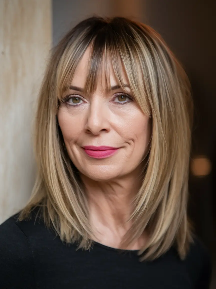Best Fall 2025 Hair Color Trends for Women 40+ Soft Beige Layers With Natural-Looking Bangs