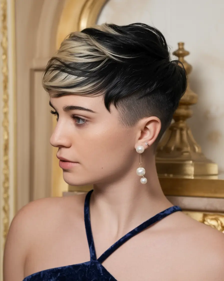 Best Fall 2025 Pixie Haircuts for Every Face Shape - Choppy Contrast Pixie with Platinum Fringe