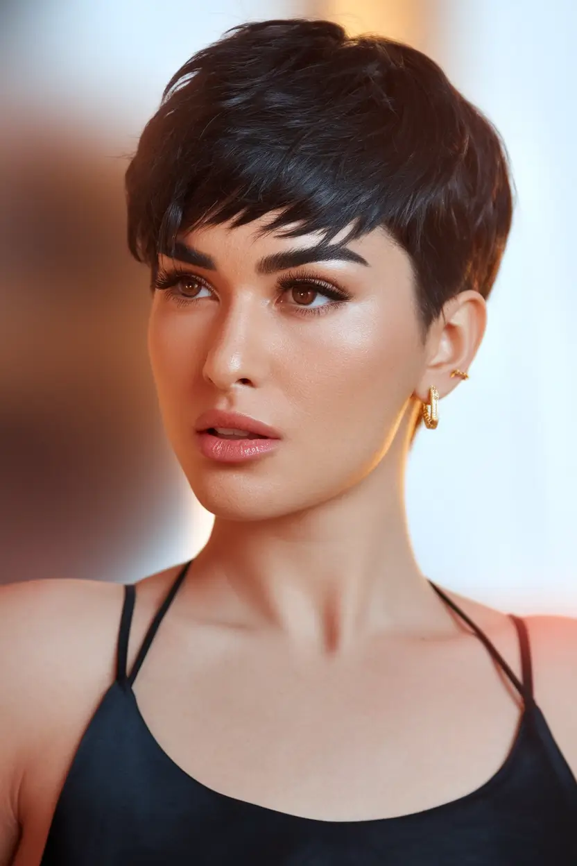 Best Fall 2025 Pixie Haircuts for Every Face Shape - Glossy Charcoal Pixie with Clean Edge