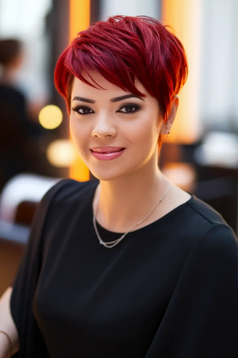 Best Fall 2025 Pixie Haircuts for Every Face Shape+Fiery Crimson Pixie for Bold Confidence