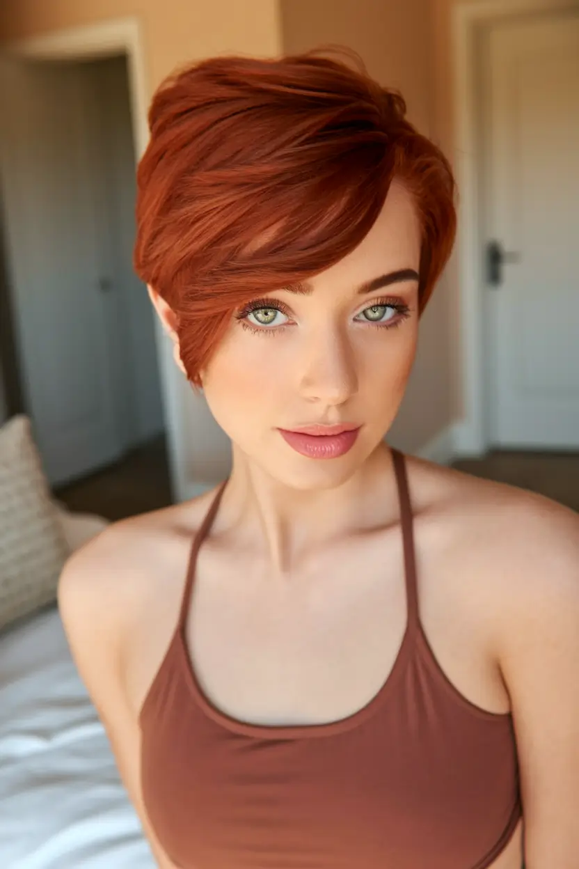 Best Fall 2025 Pixie Haircuts for Every Face Shape+Sleek Side-Swept Pixie with Autumn Auburn