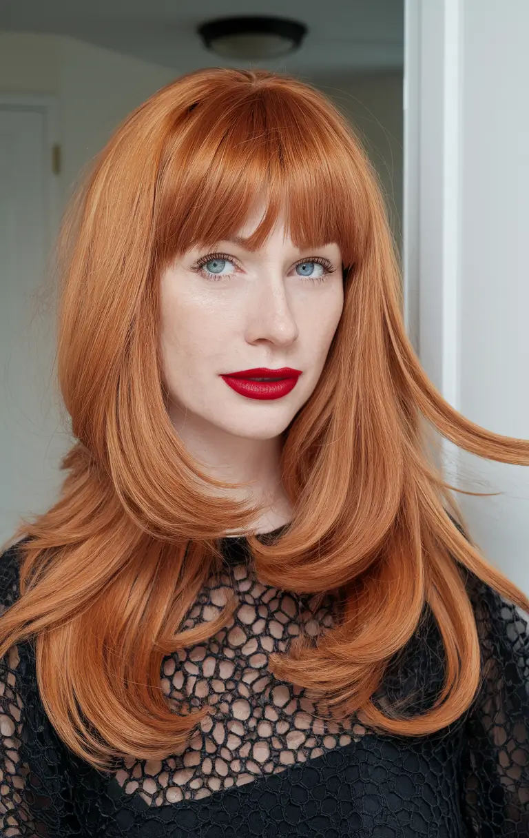 Best Fall Hair Color Trends for 2025+Classic Copper Layers with Full Fringe