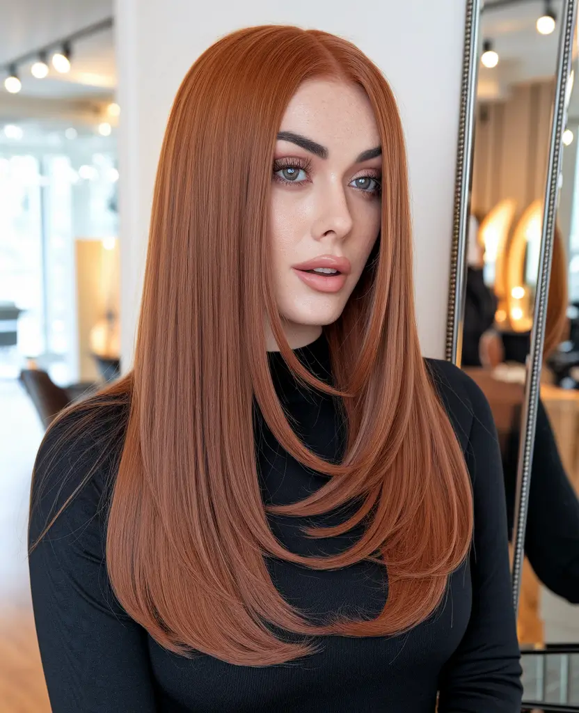 Best Fall Hair Color Trends for 2025+Glossy Cinnamon Auburn with Face-Framing Layers