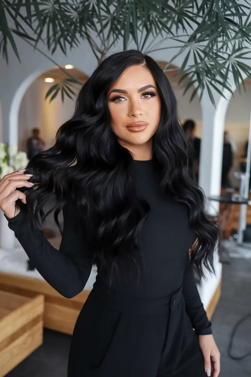 Best Fall Hair Color Trends for 2025+Glam Jet Black Waves with a Glossy Finish