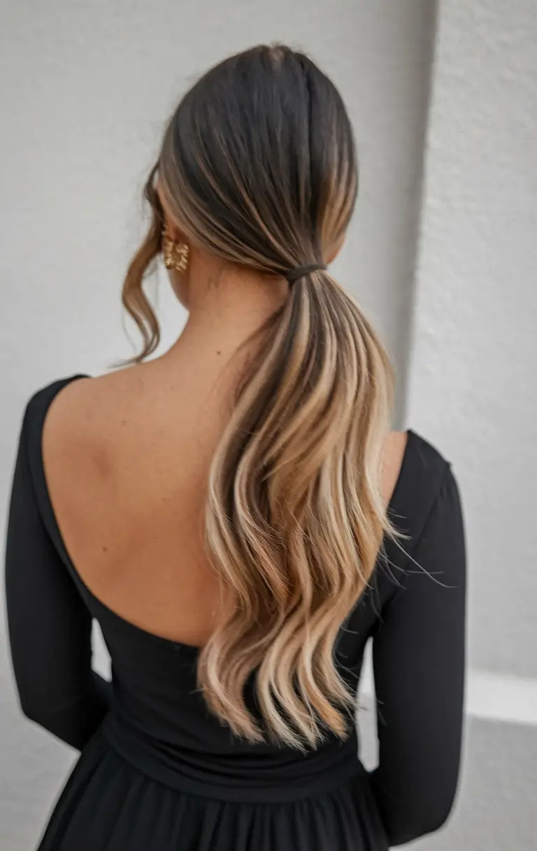 Best Fall hairstyle for Long Hair in 2025 Caramel Ribbon Ponytail with Luxe Shine