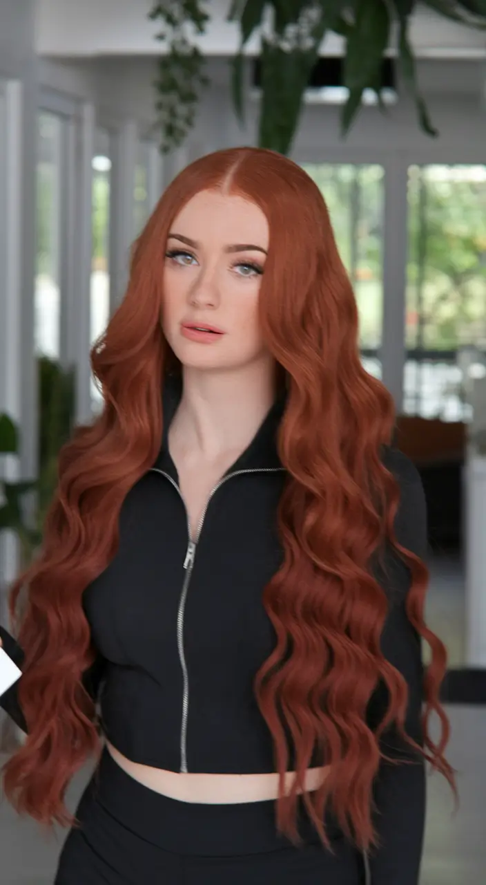 Best Fall hairstyle for Long Hair in 2025 Romantic Redhead Waves with Middle Part